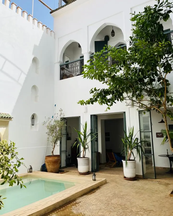 Discover this serene riad courtyard in Morocco featuring a pool and lush greenery.