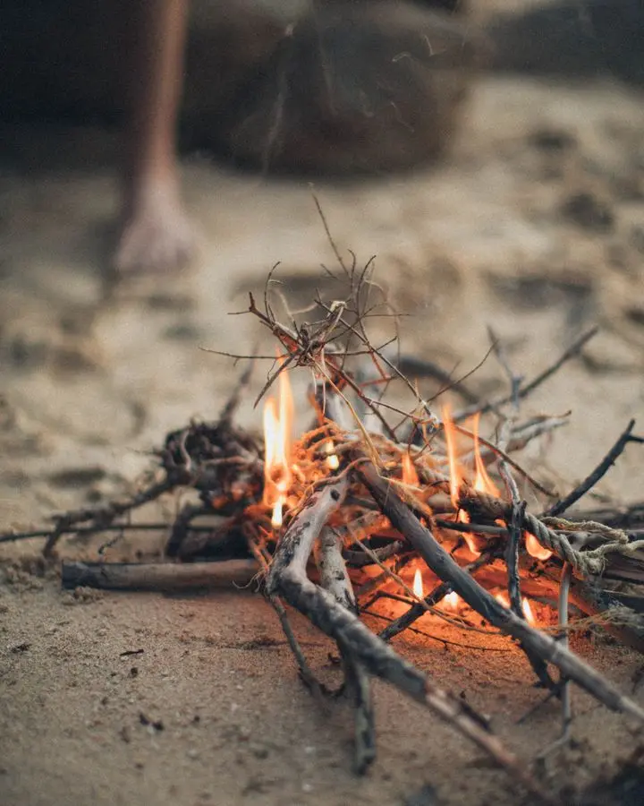 Close-up of a small campfire on a sandy beach, creating a warm and inviting atmosphere.